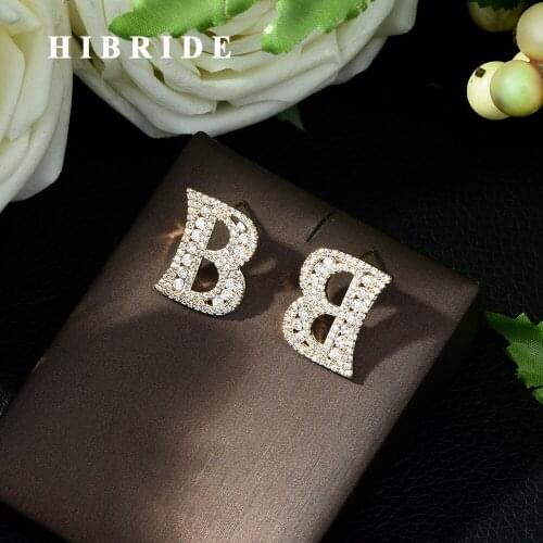 HIBRIDE Simple Design Gold Color AAA CZ Pave Women Letter Stud Earrings Women Party Accessories brincos para as mulheres E-463