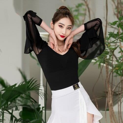 New Latin Dance Tops For Women Adult Mesh Long Sleeve V-Neck Practice Shirt Rumba Tango Samba Cha Cha Dance Clothing DWY5382