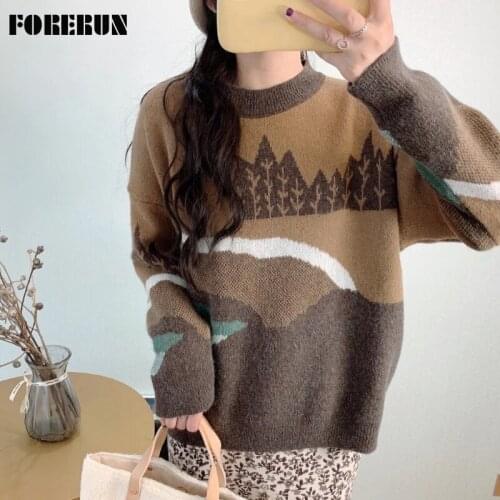 FORERUN Women Sweater Pullover Round Neck Y2k Retro Print Casual Long Sleeve Top Preppy Style Autumn Winter Jumper