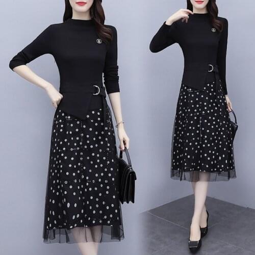 Womens Patchwork Mesh Dots Dress Elegant Fashion 2021 Autumn Black Long Sleeve Party Cocktail Slim Casual Loose Ladies Dresses