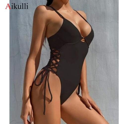 2021 Sexy Solid One-Piece Swimsuit Women Lace Up Underwired Swimwear Female Monokini Halter Cross Strap Beach Bathing Suits Swim