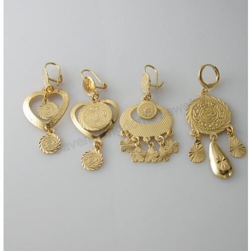 MIN ORDER 10$/Can mix design / 4 STYLES MUSLIM ISLAMIC MONEY SIGN - YELLOW GOLD GP HEART OVAL CIRCLE DANGLE 1.97" EARRING