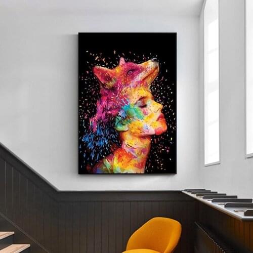 Abstract Little Girl with Animals on The Head Canvas Painting Art Nordic Posters and Prints Wall Pictures for Living Room Decor