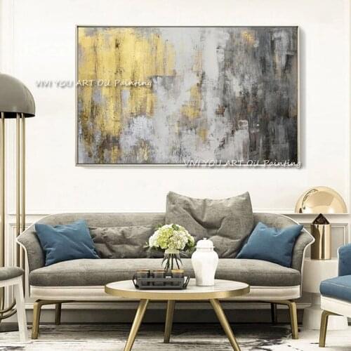 Pure 100% Handmade Abstract Grey Gold Foil Oil Painting Hand-painted Artwork High Quality Golden Abstract Painting Gift