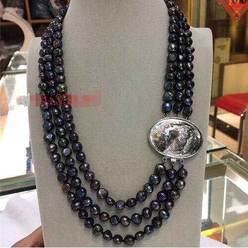 Baroque 18 "3row 8-9mm Black Beads Necklace Shell Clasp>>Wholesale Free Shipping