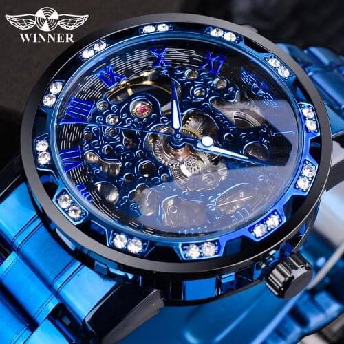Top Brand Luxury Business Luminous Male Clock Winner Transparent Diamond Mechanical Watch Blue Stainless Steel Skeleton Watch