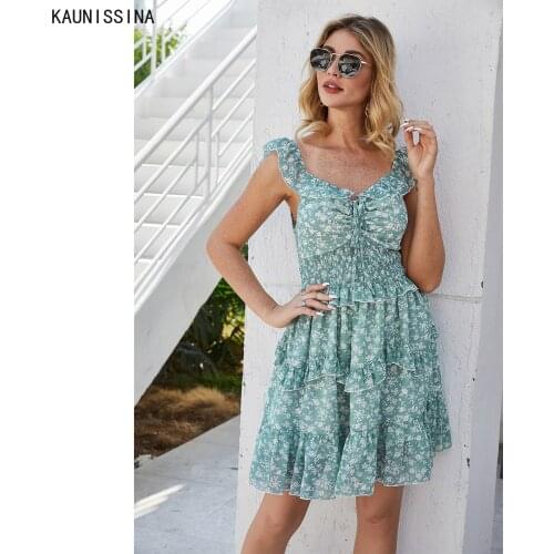 Floral Print Mini Dress Women 2021 Summer V Neck A-Line Beach Style Tank Dresses Elastic Waist Beach Sundress Holiday Vestidos