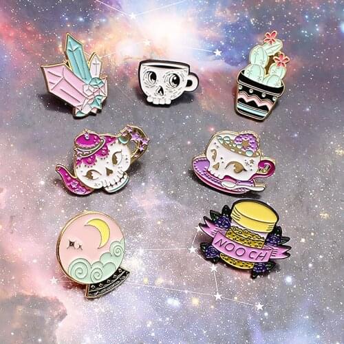 Halloween Skull Cup teapot Brooches Coffee teacup Crystal ball Medicine bottle Botany Potted Enamel Brooch Lapel Pin Jewelry