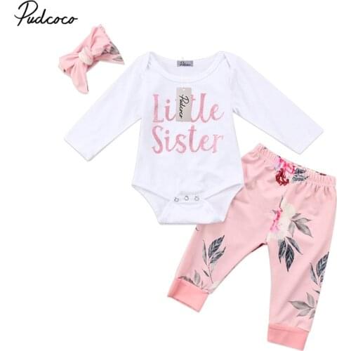 2PCS Newborn Infant Baby Clothing Set Little Sister Newborn Baby Girls Romper + Long Pants Headband Outfits Set
