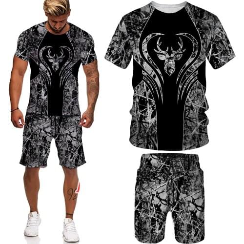 Summer 3d Printed Suit Beach Pants Polyester Round Neck Running Sportswear Mens Brand T-shirt 2-piece Set Of Animal Patterns