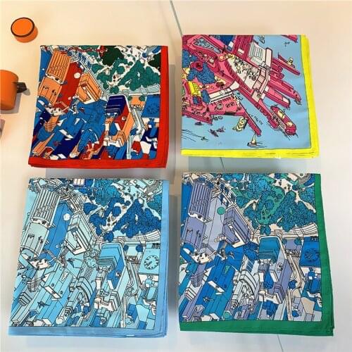 53cm Brand Square Scarf Women Silk Scarf Hijab Scarves Fashion Beach City Print Bandana Headband Neckerchief For Ladies stoles