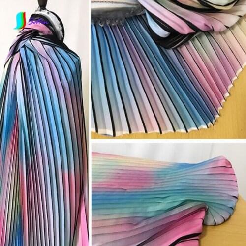 Fashion Gradient Pleated Rainbow Print Chiffon Fabric Home DIY Handmade Wedding Dress Shirt Skirt Background Decorative Fabric