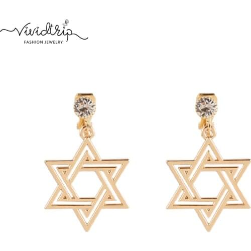 Fashion Hollow gold color star of david Hexagram Earrings no Piercing ear clips for women hanging earrings 2018 female jewelry