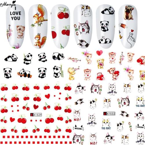 Monja 7 Pcs/Set Nail Art Water Transfer Stickers Cherry Cute Animal Design Watermark Nail Tips Decals DIY Manicure Decorations