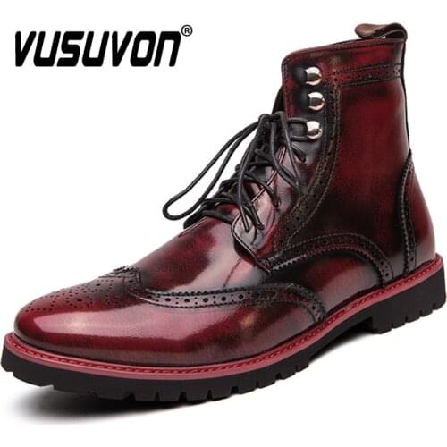 Size 48 Leather Men Boots Italian Blue Red Brogue Shoes Fashion Colorful Work Shoes Lace Up Motorcycle Short Boots