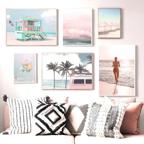 Wall Art Canvas Painting Beach Girl Pink Car Tree Balloon Sky Cloud Nordic Poster And Prints Wall Pictures For Living Room Decor