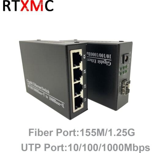 2pcs 155M/1.25G SFP Fiber Port to RJ45 Gigabit Media Converter 4x10/100/1000M Ethernet Transceiver fiber optical switch