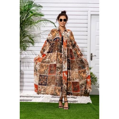 Original Gold Silk Thread Chiffon Printing Long Lantern Sleeves Lace Loose Bohemian Turn Down Collar Shirt Dresses Two Wear