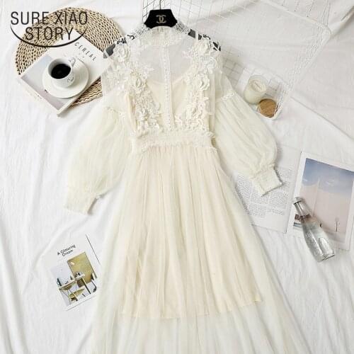 Vintage Lace Dress Hollow Out Apricot A-line Midi Dresses Women Autumn 2021 New Temperament V-neck Elegant Vestidos 12758