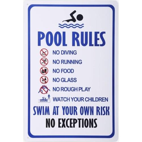 Pool Rules Swim at Your Own Risk Warning Metal Sign, Safety Tin Signs for Swimming Pool, Water Park. Pretty tin sign