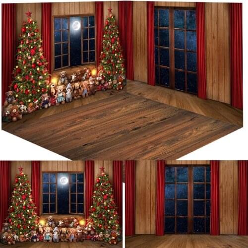 Christmas Night Rustic Window Portrait Backdrop Christmas Trees Winter Newborn Birthday Background Bears Toys Red Curtain Photo