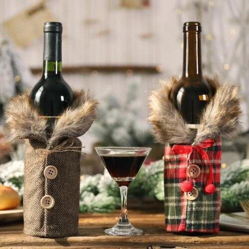 Christmas Plush Wine Bottle Bags Button Plaid Wine Bottle Cover Bow linen cloth Christmas Gift Bag Home Decoration LX8959