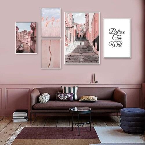 Nordic Landscape Canvas Poster Pink Building Venice Boat Wall Art Canvas Painting Scandinavian Picture Living Room Home Decor
