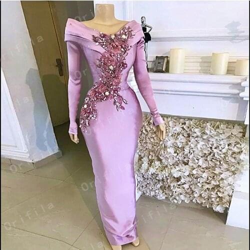 Desinger Light Purple Mermaid Evening Dress 2021 Long Sleeves Satin Flowers Lace Aso Ebi Prom Party Dress Formal Wear