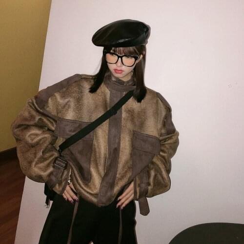 Suede one-piece jacket retro made old spliced suede PU leather coats thickened coat womens short jacket motorcycle