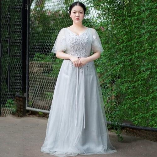 Woman Evening Dresses V-Neck Floor-Length Short Sleeves Grepe Plus Size Regular Lace Simple Long Elegant Women Party Dress D045