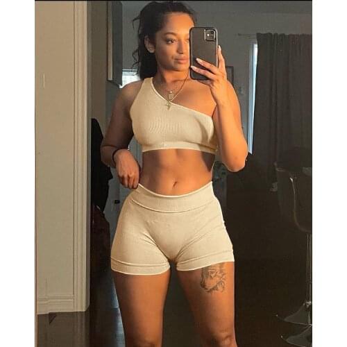 Casual Fitness Solid Knit Rib Short Tracksuit Women Sexy One Shoulder Crop Top + Biker Shorts Two Piece Set Workout Outfits