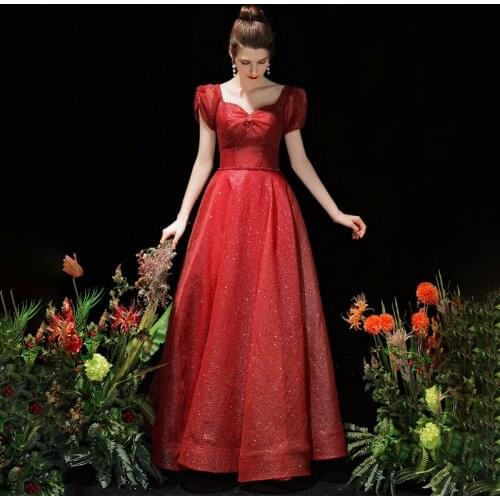 Sequins Elegant Strapless Evening Dress Empire Short Sleeves A-Line Simple Floor-Length Lace Up Woman Formal Party Gowns A1361