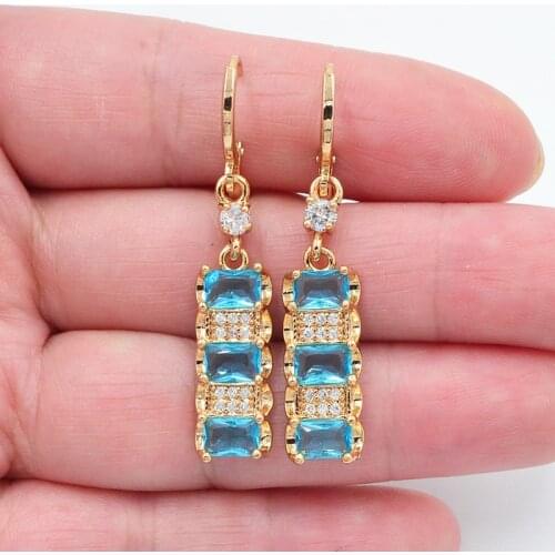 Gold Color Women Fashion Lake Blue Zirconia CZ Geometric Blocks Dangle Earrings Jewelry