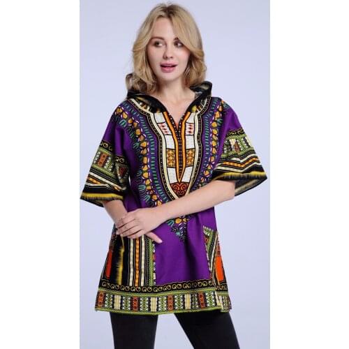 2019 Fashion Hoodies Purple 100% Cotton Dashiki with Hood Unisex African Dashiki Shirts Boho Hippie Kaftan Festive Clothing