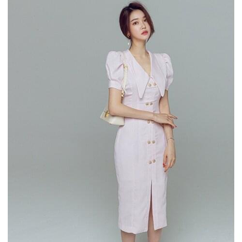 2020 Summer Women V- neck Office OL work wear Dress New Ladies Temperament Slim Solid Color Sheath Dresses