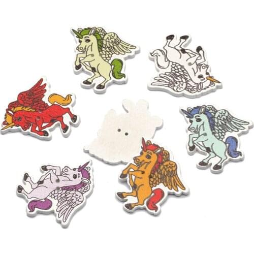 50Pcs Cute Unicorn Mixed 2Hole Wooden Buttons For Baby Clothing Crafts Buttons Decoration Scrapbooking DIY Sewing Accessories