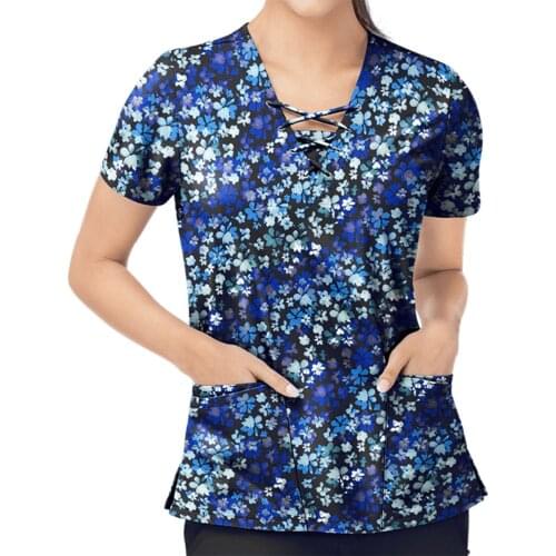 Oversized 3XL Floral Print Women Short Sleeve V Neck Working Scrubs Tops Hospital Dentistry Clinical Nurse Uniform Blouse A40
