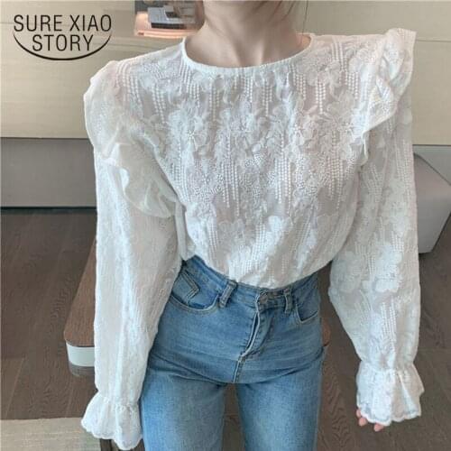 Apricot Color Flare Long Sleeve Lace Embroidered Womens Shirts Loose Korean Style Sweet Blouse Women Fashion Tops Female 11615