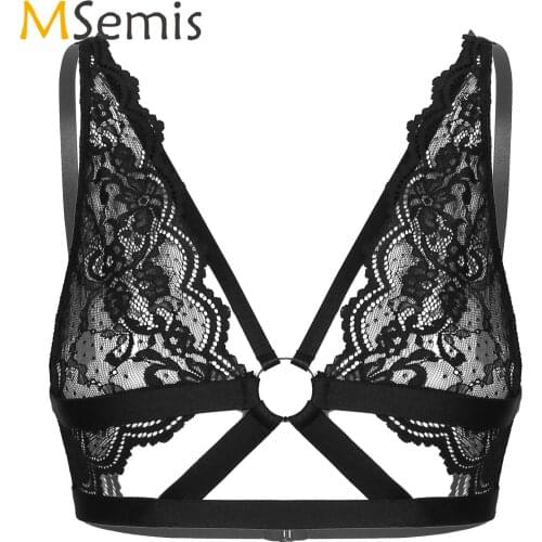Womens Erotic Sexy Bra See-through Floral Lace Strappy Bra Tops Underwear Hollow Out O-ring Bralette Lingerie Hot Brassiere
