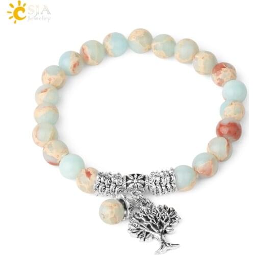 CSJA Tree of Life Charms Bracelets for Women Men 8mm Round Beads Turquoises Elastic Beaded Bracelet Bangles Fashion Jewelry F946