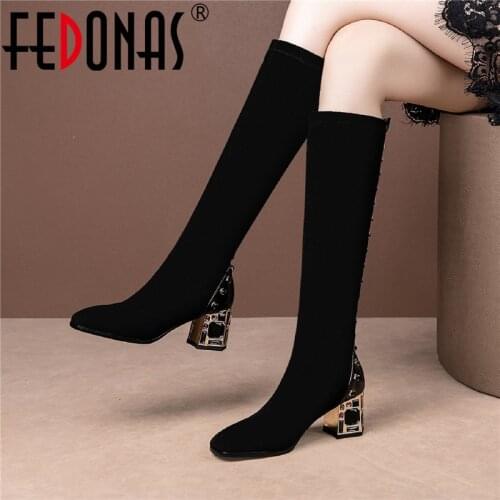 FEDONAS Rhinestone Tight High Boots Suede Leather Round Toe High Heels Shoes Woman Winter Office Lady Night Club Knee High Boots