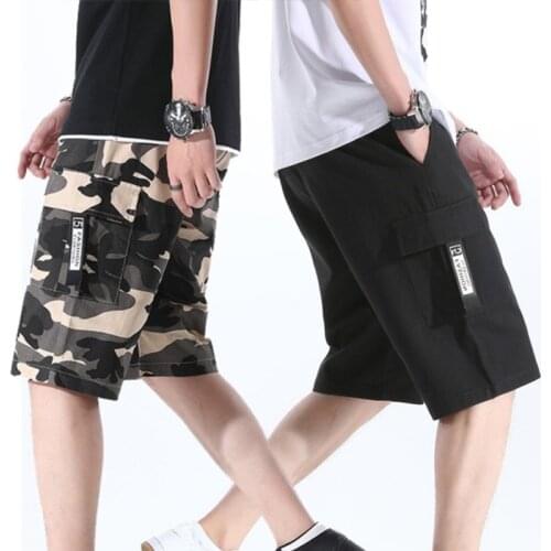 Summer Mens Outdoor Camouflage Cargo Shorts Pocket Cotton Casual Half Pants Mid Waist Drawstring Loose Shorts Bib Overalls