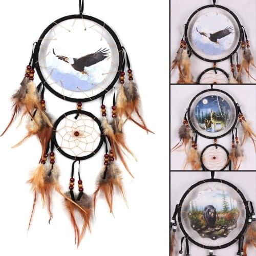Eagle Bear Wolf Design Handmade Dream Catcher With Feathers Animal Pattern Car Wall Hanging Decorations Ornament DreamCatcher