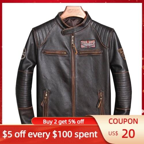 2021 Vintage Brown Motorcycle Style Leather Jacket Men Plus Size 4XL Genuine Natural Cowhide Autumn Slim Fit Bikers Coat