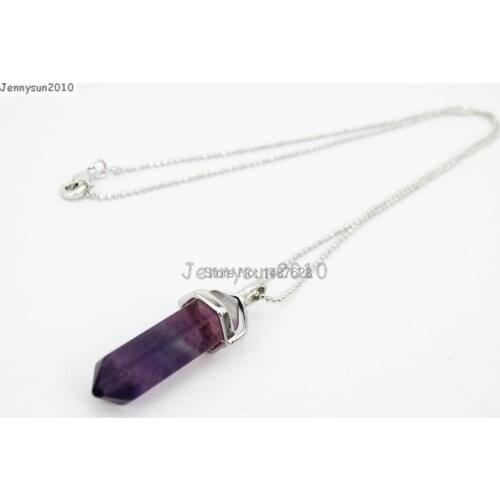 Natural Purple Fluorite Gems Stones Hexagonal Pointed Healing Reiki Chakra Pendant Beads Silver 17'' Chain Necklace 5 Sets/Pack