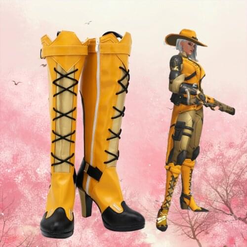 OW Ashe Cosplay Boots Yellow High Heel PU Shoes Halloween Prop