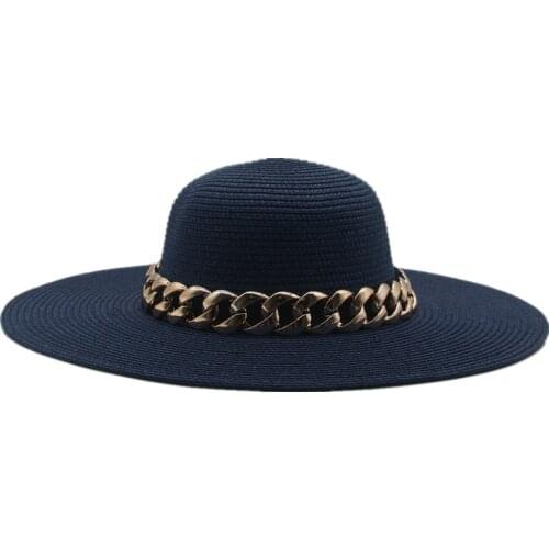 Women hats summer solid dome big brim 11cm chain band sun straw hats white black bucket panama beach sun protection sun men caps