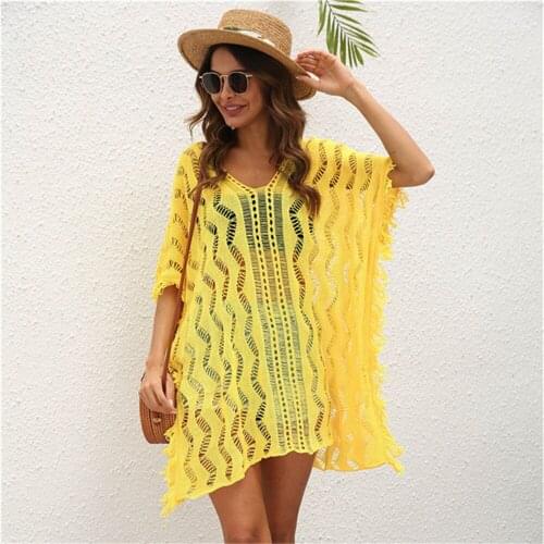 Sexy Hollow Out Beach Dress Women V Neck Short Sleeve Wave Pattern Knitting Swimsuit Cover Up Female Loose Swimwear Bathing Suit