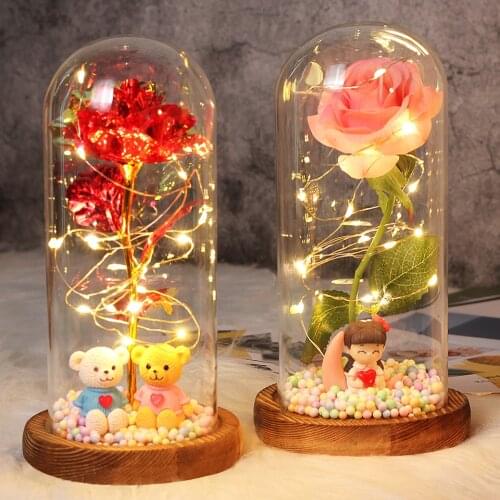 Teddy Rose Bear In Dome with Artificial Flower Romantic Lights Beauty And Beast Rose For Wedding Decor Valentines Day Christmas