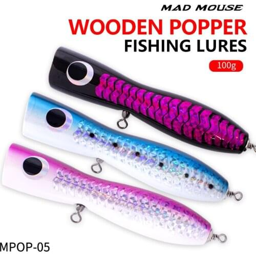 MADMOUSE 182mm 100g Big Game Lure Wood Popper Saltwater Fishing Lure Topwater Trolling Lure Wooden Popper Fishing Lure